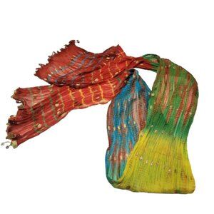 Colourful Dupatta Scarf Red Yellow Blue and Green Colors Gold Coin Tassels - NEW